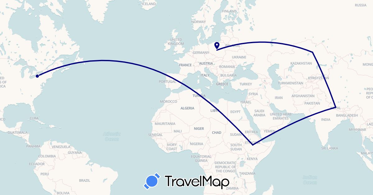 TravelMap itinerary: driving in Ethiopia, Kazakhstan, Nepal, Poland, United States (Africa, Asia, Europe, North America)